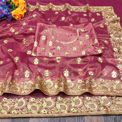 Mikhushop Embroidered Bollywood Supernet Saree(Pink)