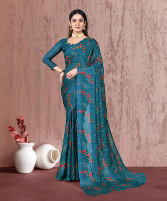 RAJESHWAR FASHION Printed Daily Wear Chiffon Saree(Blue)