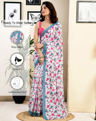 Tasrika Floral Print Daily Wear Pure Cotton Saree(White, Grey, Pink)