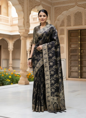 Bindi Woven Bandhani Silk Blend, Jacquard Saree(Black)