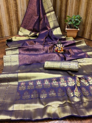 PHEASANT Printed, Woven, Embellished, Applique, Dyed Kanjivaram Jacquard, Art Silk Saree(Dark Blue)