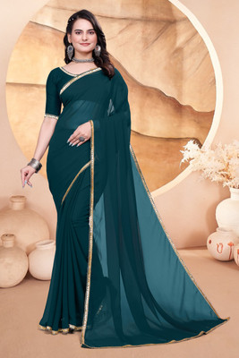 MGCollectionONE Solid/Plain Daily Wear Georgette Saree(Green)