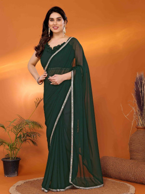odette Solid/Plain Saree with Attached Blouse Georgette Saree(Green)