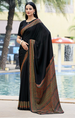JustEthnic Self Design Bollywood Crepe, Silk Blend Saree(Black)