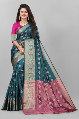 rangbhakti Embroidered, Dyed Banarasi Organza, Cotton Blend Saree(Dark Blue)