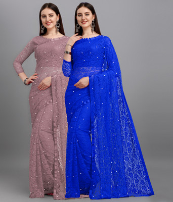 LOROFY Self Design Bollywood Net Saree(Pack of 2, Blue, Grey)
