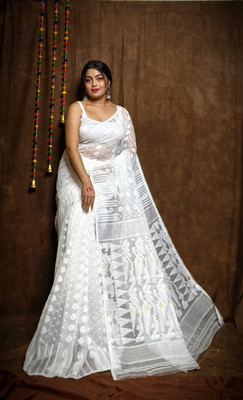 HouseOfCommon Self Design Jamdani Cotton Linen Saree(White)