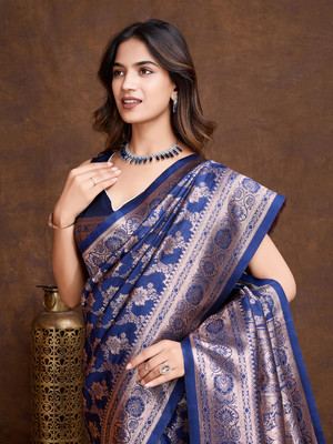 Shreyansh creation Woven Bollywood Pure Silk Saree(Dark Blue)