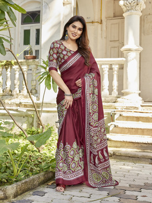THE URBAN DIVA Printed Bollywood Chiffon, Satin Saree(Maroon, White)