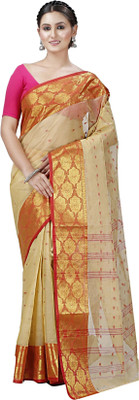 SUBHO SAREE CENTRE Embellished Tant Pure Cotton Saree(Brown, Yellow)