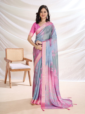 RekhaManiyar Printed Saree with Attached Blouse Crepe Saree(Grey)