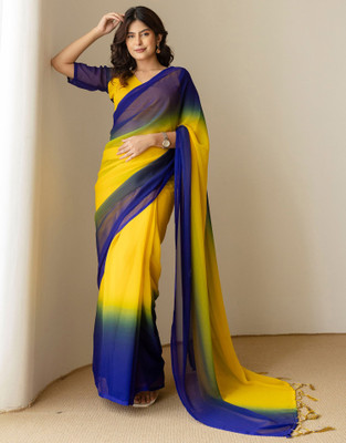 Satrani Solid/Plain, Ombre Daily Wear Georgette Saree(Yellow, Blue)