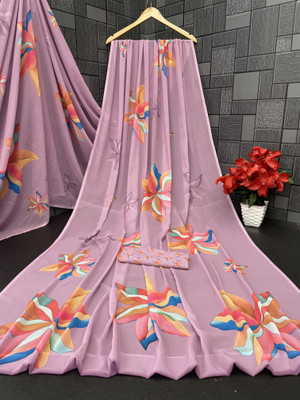 Pemal Designer Floral Print, Printed Bollywood Georgette Saree(Grey)