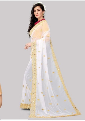 MA FASHION Self Design Bollywood Net Saree(White)