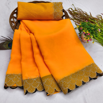 Harani Solid/Plain, Embellished Bollywood Georgette Saree(Yellow)