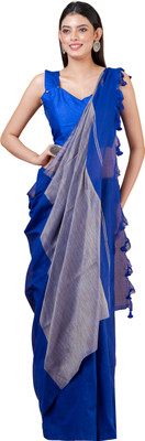 Durga Handlooms Solid/Plain Handloom Cotton Linen Saree(Blue)