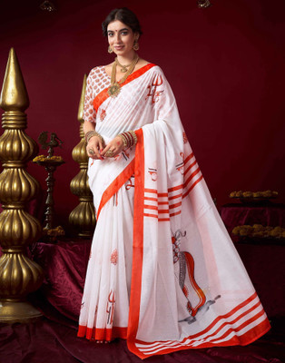 Samah Printed Garad Chanderi, Cotton Blend Saree(White)