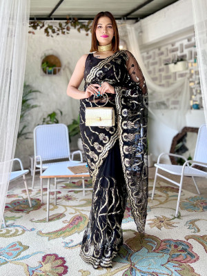 odette Embellished Saree with Attached Blouse Net Saree(Black)