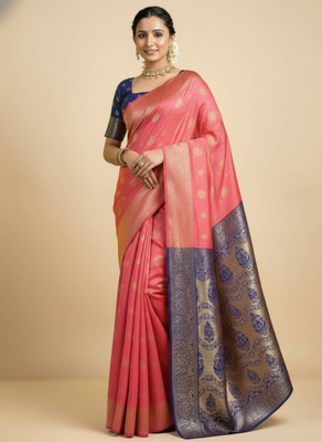 Fabbarries Woven Banarasi Jacquard, Pure Silk Saree(Multicolor, Pink, Dark Blue)