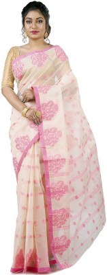 PuJoy Woven Tant Pure Cotton Saree(White, Pink)