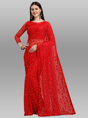 LOROFY Self Design Bollywood Net Saree(Red)