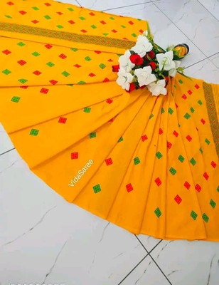 Assamese Mekhla Chador Poly Temple Border Mekhela Chador Pure Cotton Saree(Yellow)