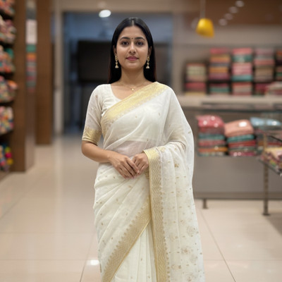 AlbellaFashions Embroidered, Woven Banarasi Cotton Linen Saree(White)