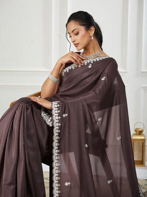 FABMORA Embellished, Embroidered Bollywood Georgette Saree(Brown)