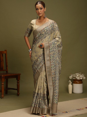 Tasrika Digital Print Hand Batik Satin, Silk Blend Saree(Beige)