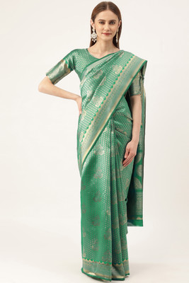 manvaa Self Design Banarasi Silk Blend Saree(Green)