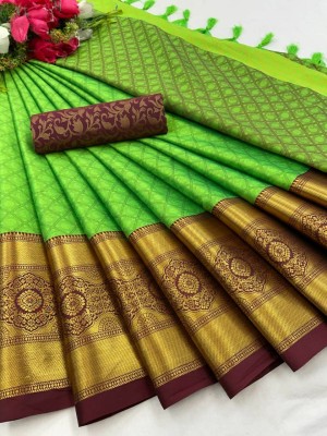 sweny Striped, Checkered Banarasi Art Silk, Cotton Silk Saree(Green)