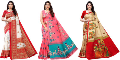 YASHIKA Printed, Woven Kasavu Art Silk Saree(Pack of 3, Red, Pink, Beige)