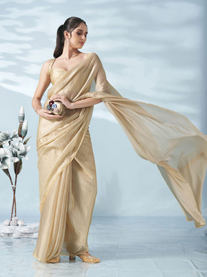 Manokamna Solid/Plain Bollywood Satin Saree(Cream)