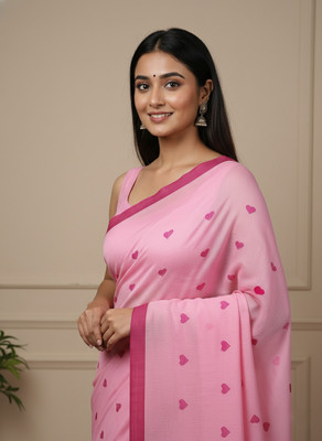 BongAp Embroidered Handloom Cotton Blend Saree(Pink)