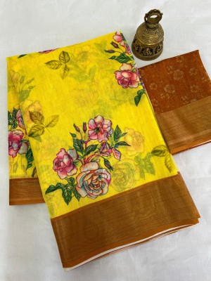 SARIMANIA Printed Bollywood Linen, Pure Cotton Saree(Yellow)
