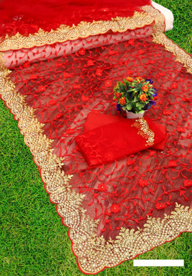 MIYANIFAB Embroidered, Floral Print Bollywood Net Saree(Red)
