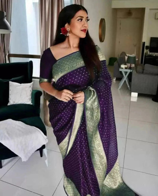 Hinayat Fashion Self Design, Printed, Embroidered, Embellished, Woven Kanjivaram Cotton Silk, Silk Blend Saree(Purple)