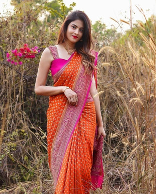 Rudr Venture Self Design Banarasi Cotton Silk Saree(Orange)