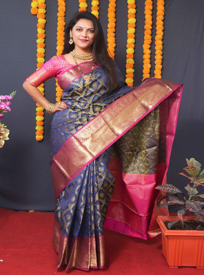 SGF11 Self Design Handloom Pure Silk Saree(Dark Blue)