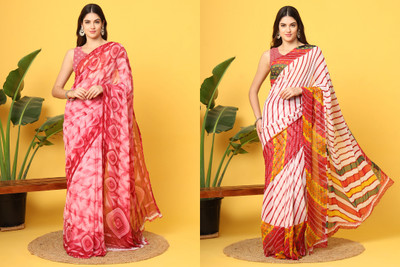 Leelavati Printed Daily Wear Chiffon Saree(Pack of 2, Red, Multicolor)