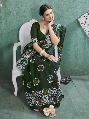 HERE&NOW Printed Daily Wear Pure Cotton Saree(Green)