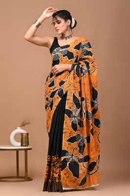 Tetarwal Floral Print Daily Wear Pure Cotton Saree(Orange, Black)