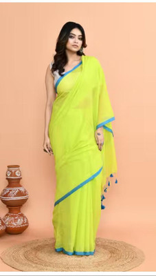 SMRITI HANDLLOM Solid/Plain Bollywood Handloom Pure Cotton Saree(Green)
