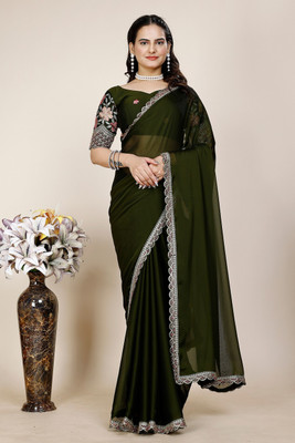 SHIV FASHION Embroidered, Solid/Plain Bollywood Chiffon Saree(Dark Green)
