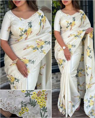 Tasrika Embroidered Bollywood Cotton Blend Saree(White)