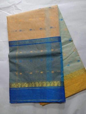 Puspa Fashion Self Design Tant Pure Cotton Saree(Cream, Blue)