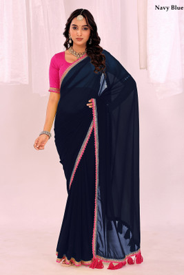 VKARAN Solid/Plain Bollywood Georgette Saree(Dark Blue)