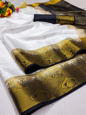 Morpich Fashion Self Design Banarasi Silk Blend Saree(Cream)