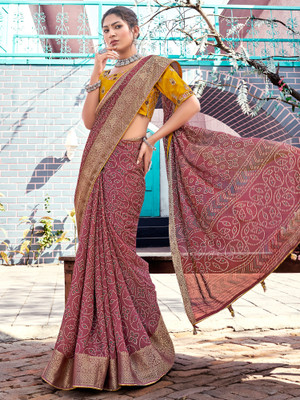 Sareemall Printed Bandhani Georgette Saree(Brown)