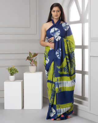 Printed Cotton Mulmul Saree Printed Daily Wear Pure Cotton Saree(Light Green, Blue)